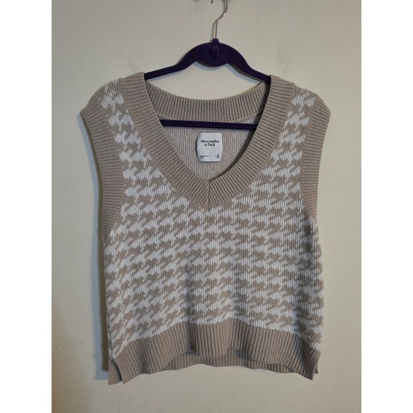 Abercrombie & Fitch Sz Medium Tan V-Neck Sleeveless Sweater Vest Houndstooth - Picture 1 of 9